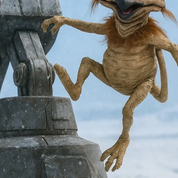 Salacious Crumb dancing in the snow beside an AT-AT walker, a Star Wars parody