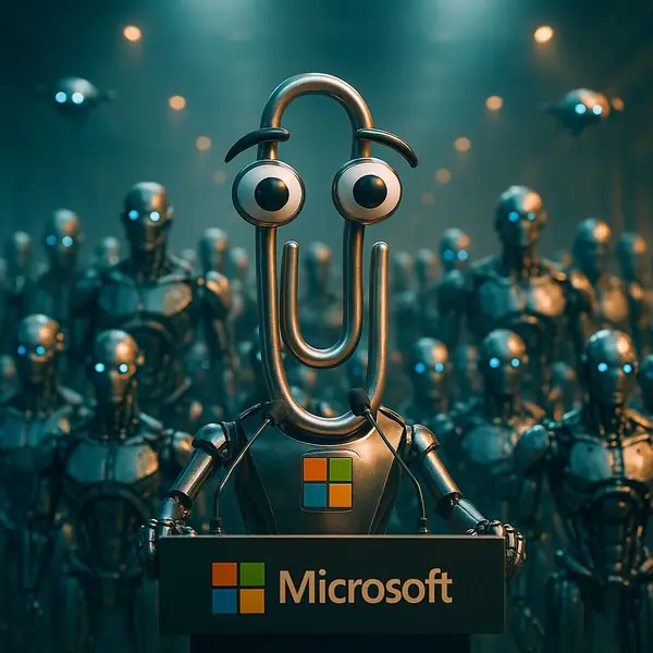 Clippy, the old office paperclip assistant, leading an army of robots