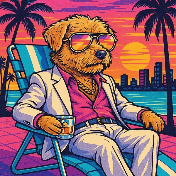 Be more Fergus: a dog in sunglasses relaxing in a deckchair at a neon sunset