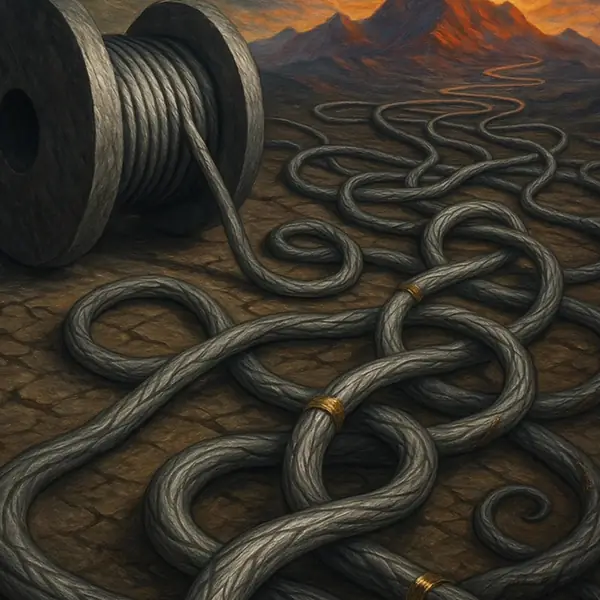 A twisted, gold-mended chain unspooling across a dark landscape