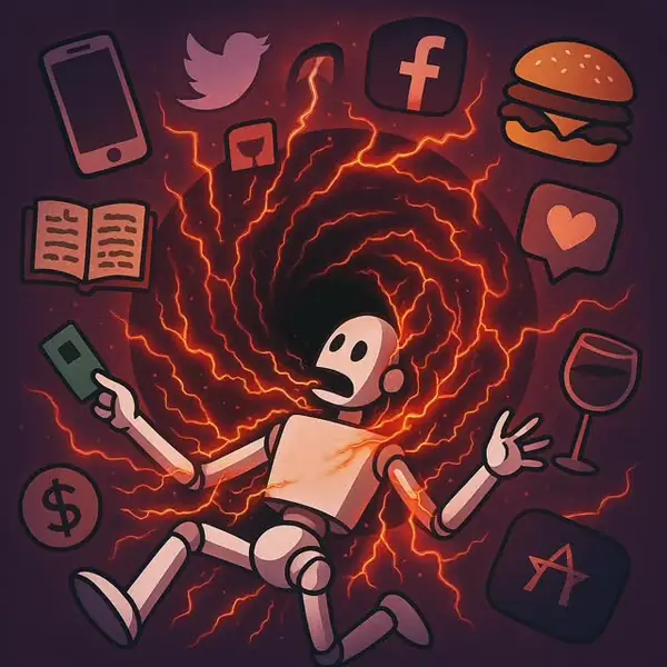 A cartoon robot pulled into a vortex of social media icons