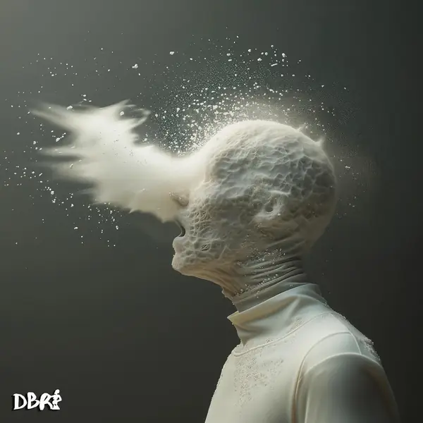 A synthetic figure sneezing out a cloud of white dust
