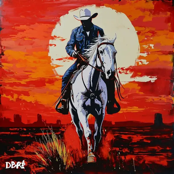 A cowboy on a white horse against a red sunset