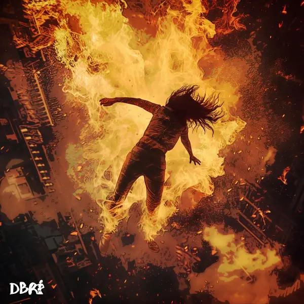 A figure falling through flames