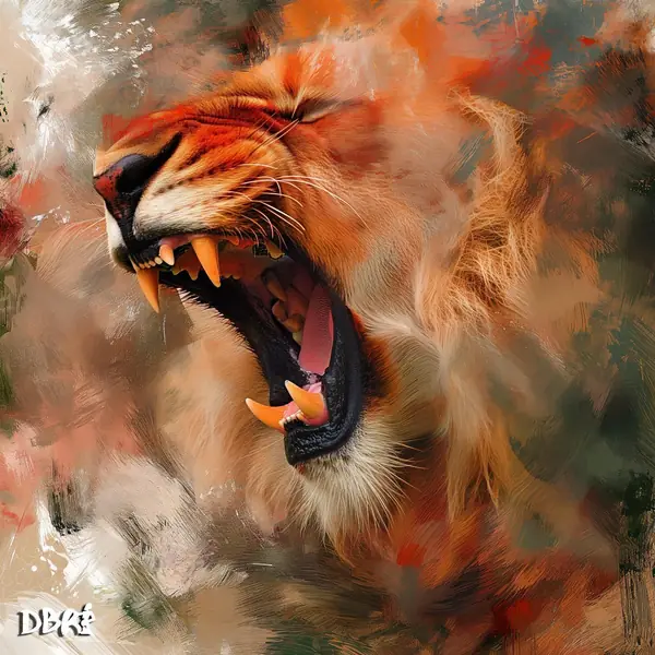 A roaring lion in swirling abstract paint