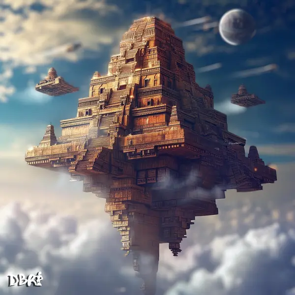 An Aztec-style temple floating above the clouds like a space station