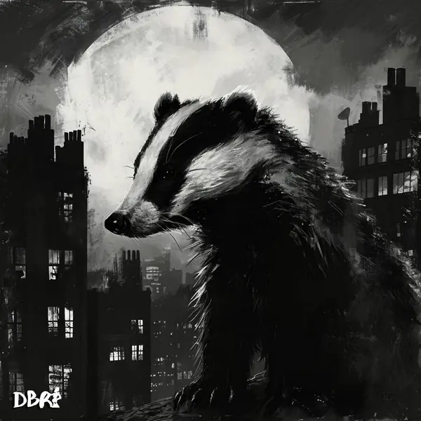 A noir badger in a black-and-white moonlit city