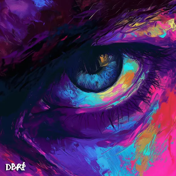 A huge eye in swirling purple and pink paint