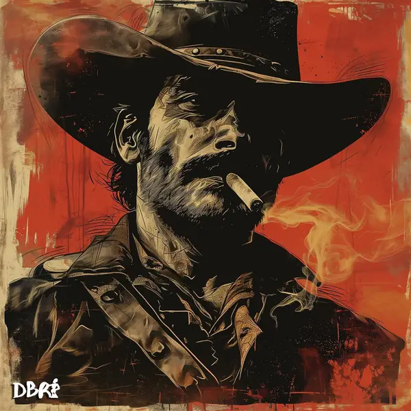 A pop-art cowboy with a cigar and a hard stare