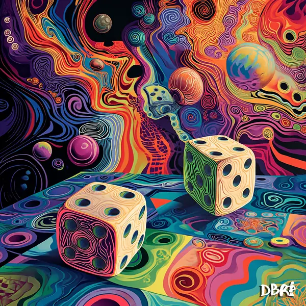 Giant dice rolling across a psychedelic swirl landscape