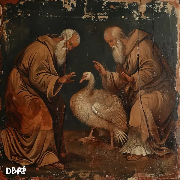 Two monks taming a fur goose, painted like an old master