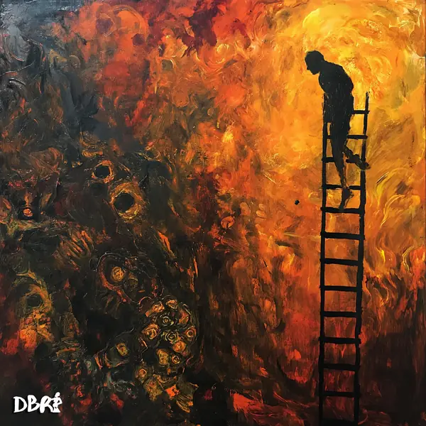 A figure climbing a ladder out of a burning dark forest