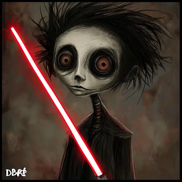 An emo Sith with huge eyes and a red lightsaber, Tim Burton style