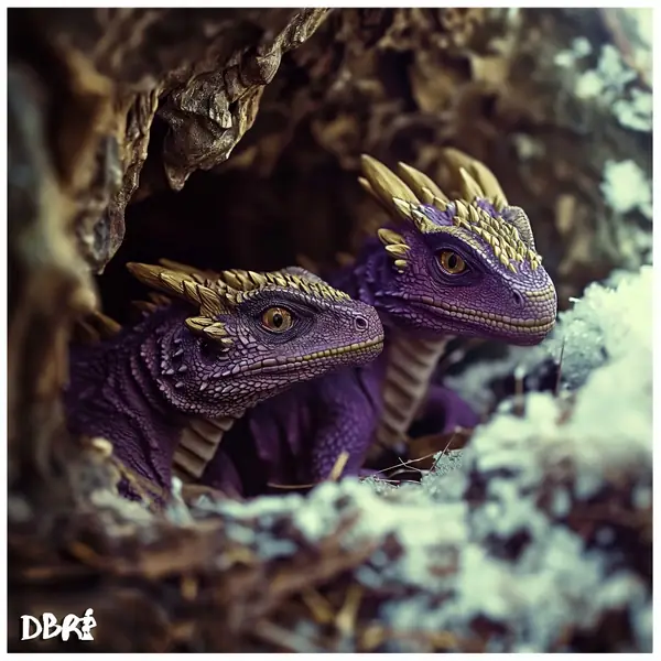 Purple dragons peering out of a cave