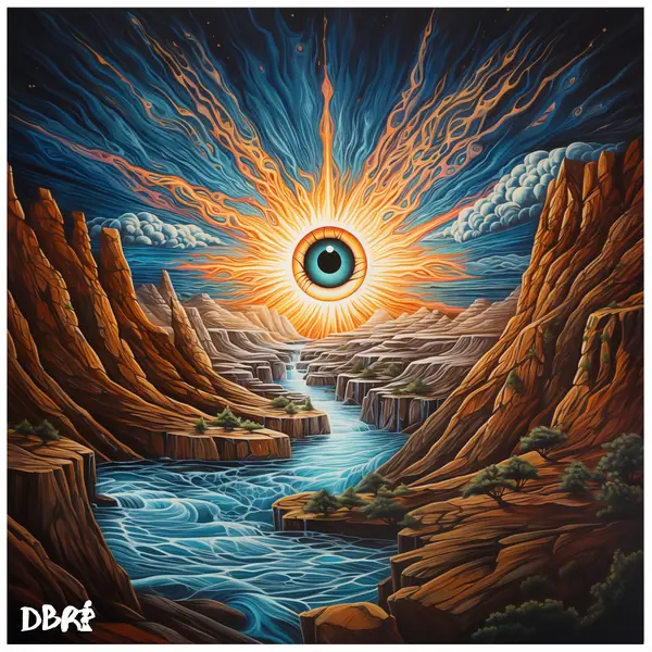 A glowing eye rising over a canyon river