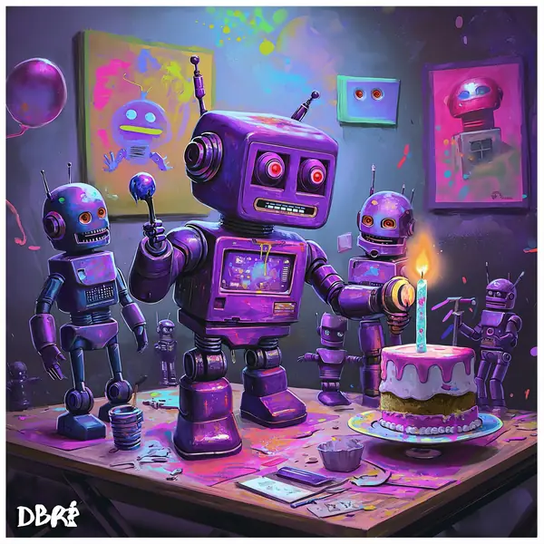 Purple robots celebrating the robots' first birthday with cake