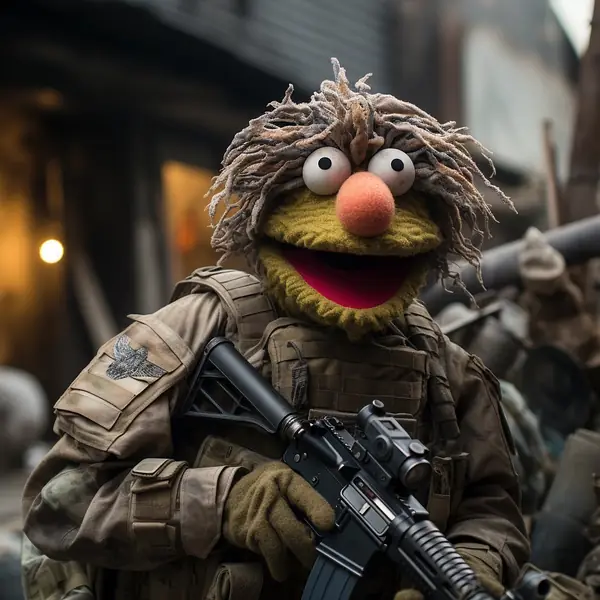 A Muppet-style soldier in combat gear from the Muppet Wars