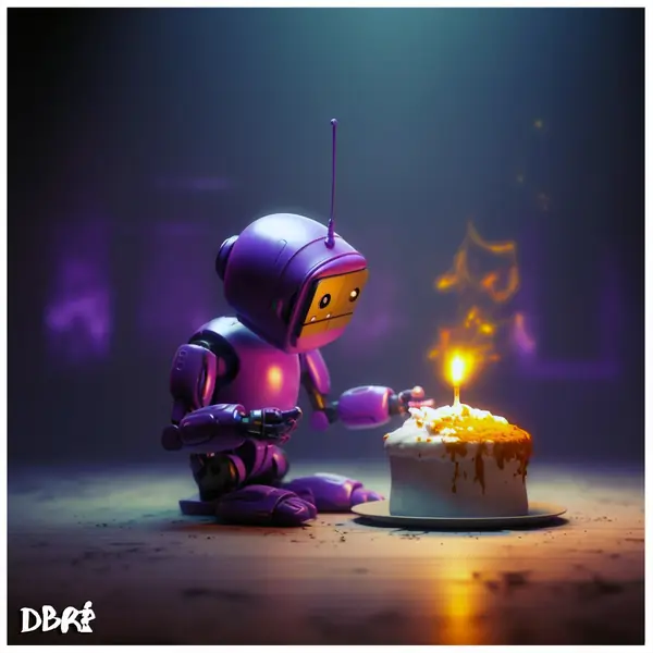 A lonely purple robot with a birthday cupcake