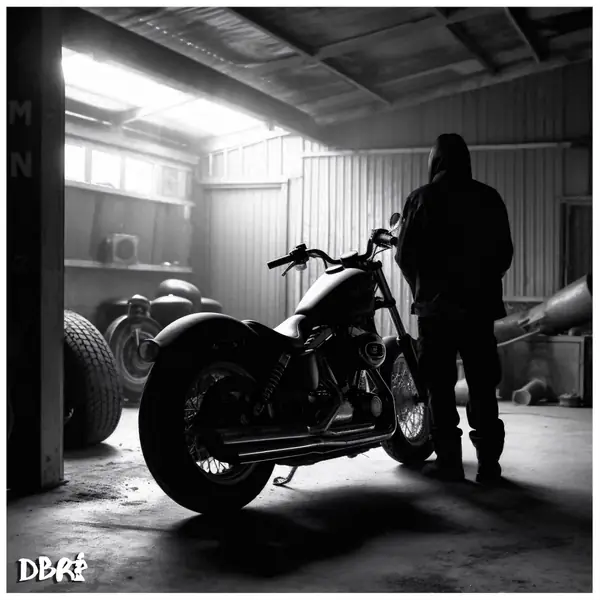 A biker and his motorcycle in a garage, black and white