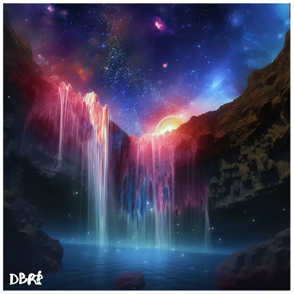Neon waterfalls pouring through a dreamscape canyon