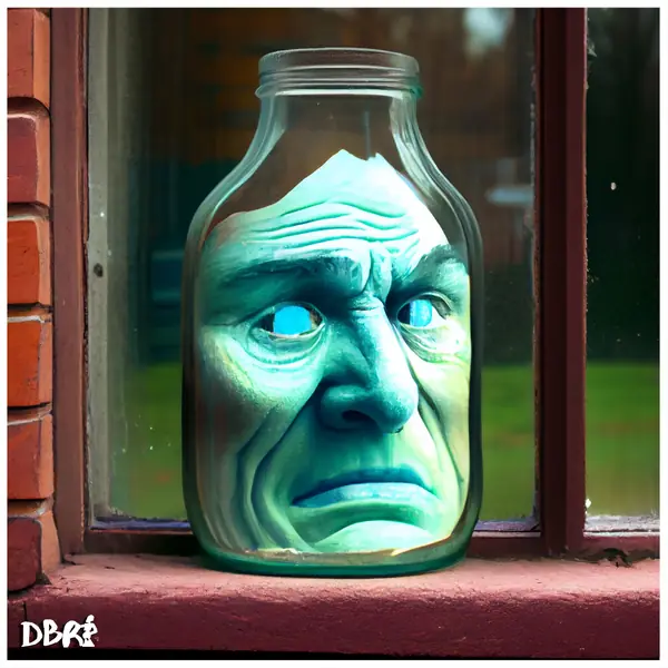 A worried face trapped in a glass jar on a windowsill