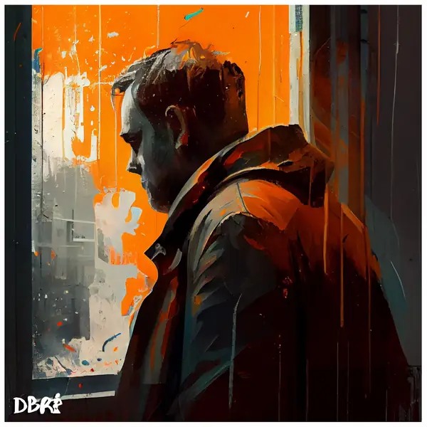A man waiting by a window, painted in oranges
