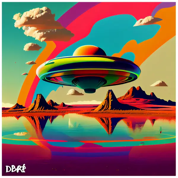 A psychedelic UFO over a rainbow lake