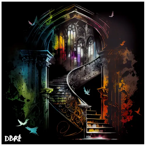 A dark, ornate staircase with doves
