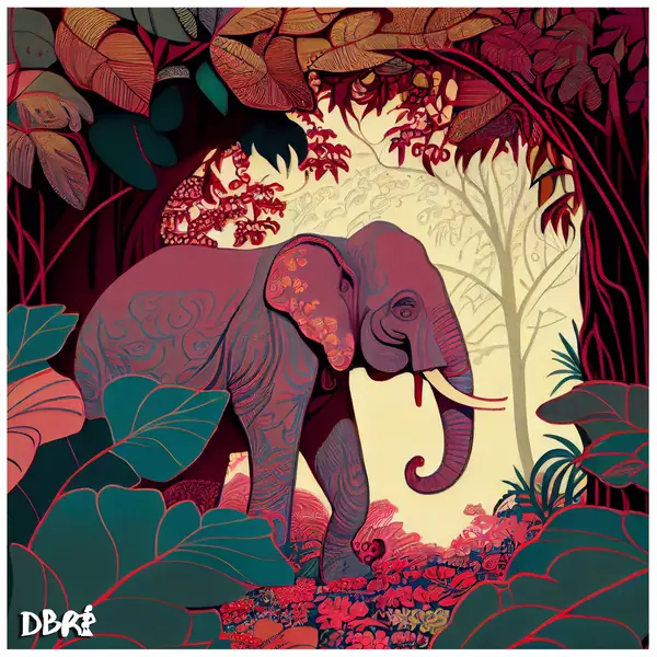 An elephant in a pink jungle