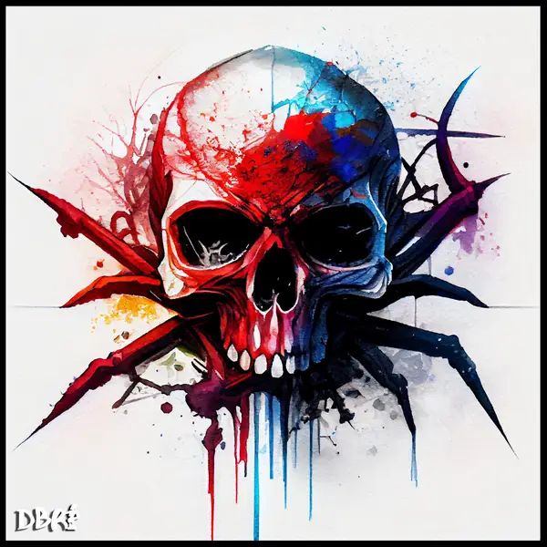 A splattered watercolour skull with spider legs