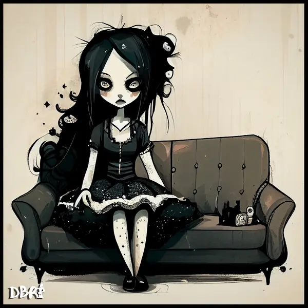 Sadie, a goth girl on a sofa