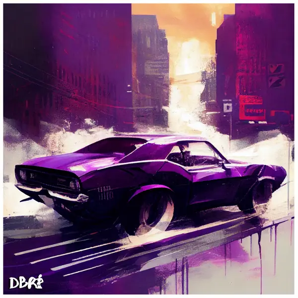 A purple muscle car on a city street