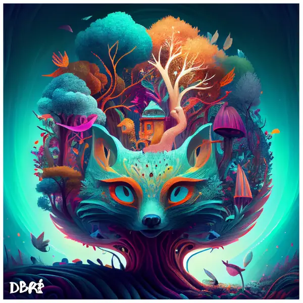 An enchanted forest with a fox face, at night