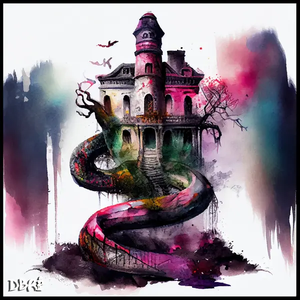A snake slithering up a watercolour haunted house