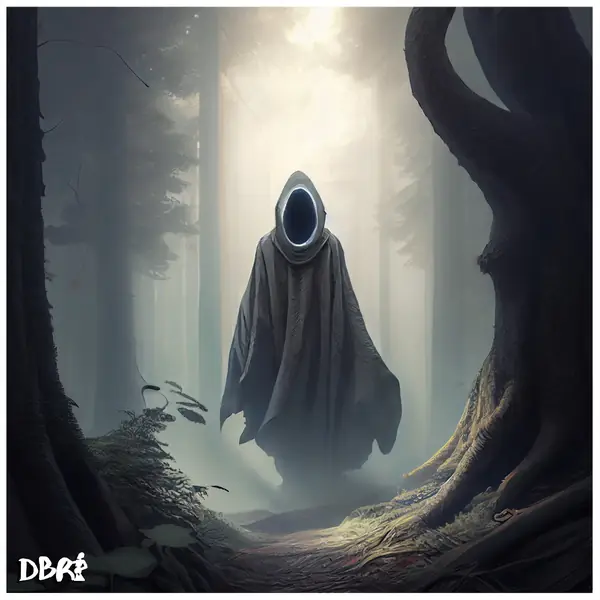 A hooded reaper in a misty forest