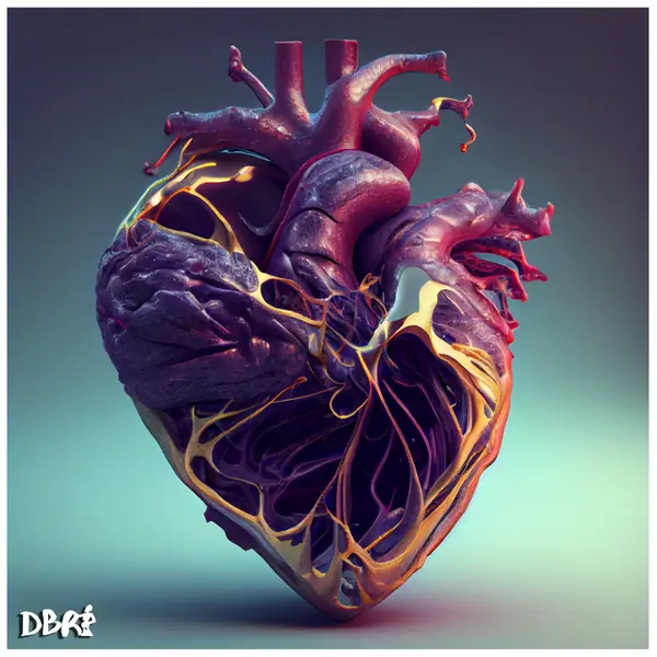 A purple and gold anatomical heart