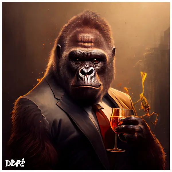 You're late: a gorilla boss in a suit with a drink