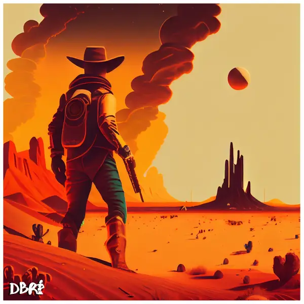 A space cowboy walking across a Mars-like desert