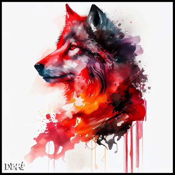 A red watercolour wolf