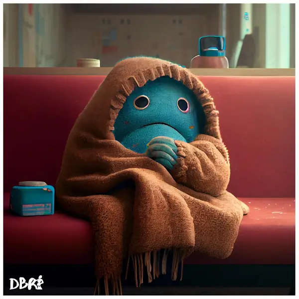 A blue monster wrapped in a blanket to keep warm