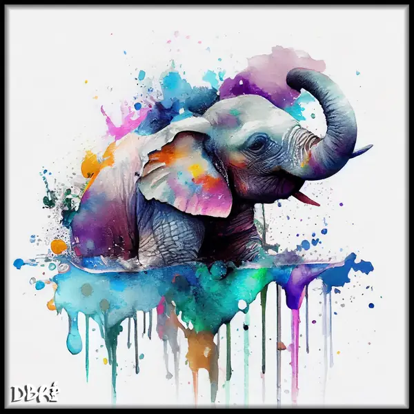 A watercolour elephant in dripping colour