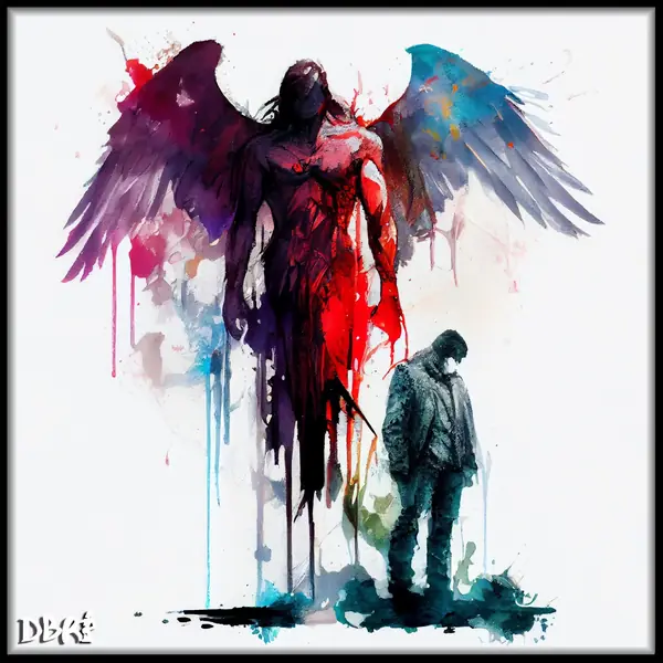 A guardian angel watching over a man, in watercolour