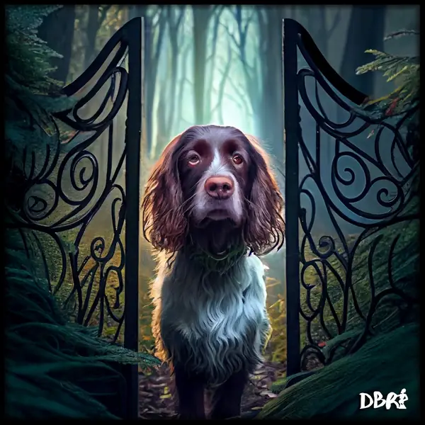 A spaniel at a mysterious garden gate