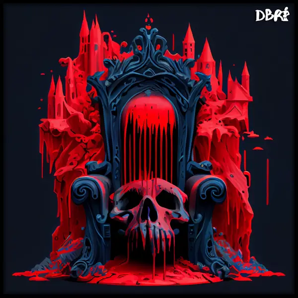 A red throne on a mountain of skulls