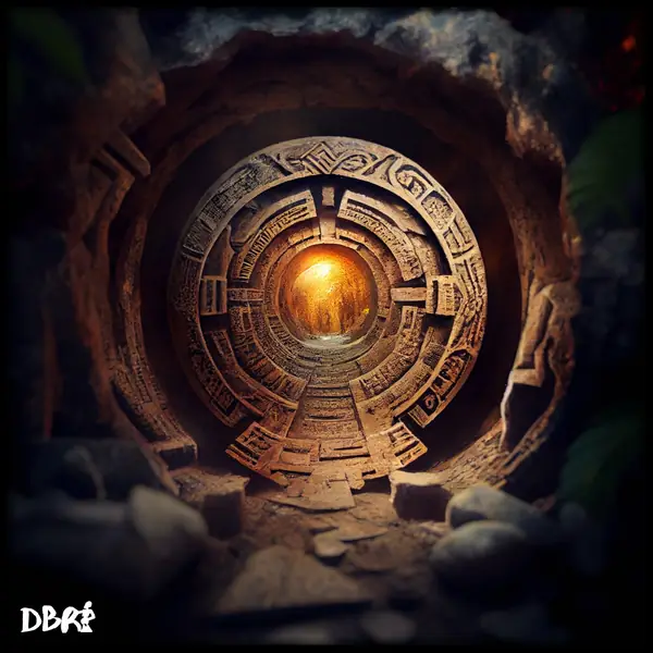 An ancient tunnel leading to a glowing portal