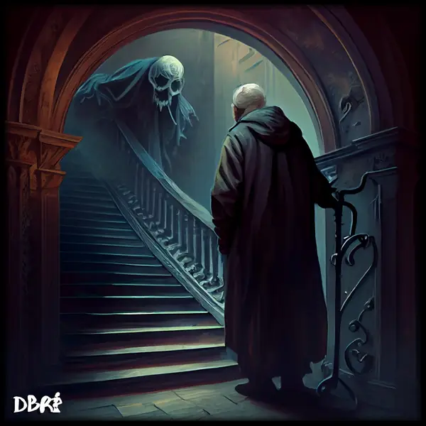 An old man meets the reaper on the stairs