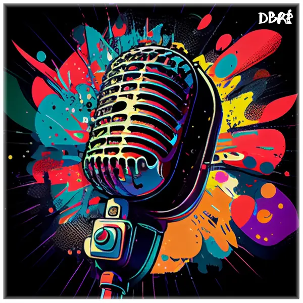 A pop-art podcast microphone