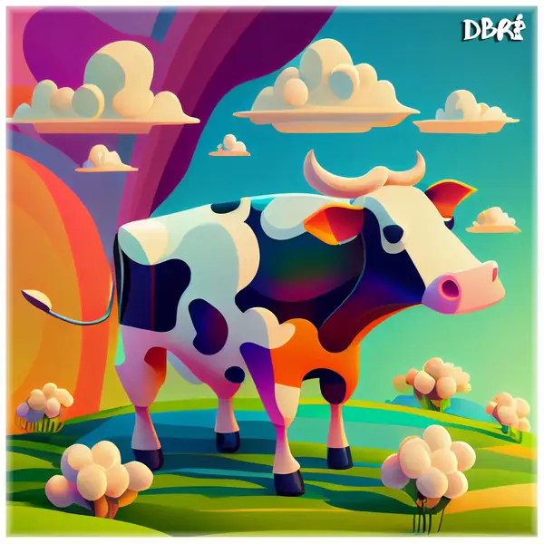 The Cow Collection: a cartoon cow in a futurist field