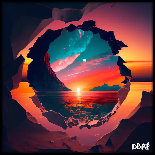 A sunset seen through a hole in a wall