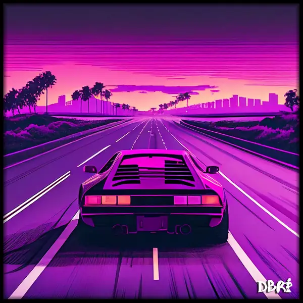 A synthwave car on a purple highway